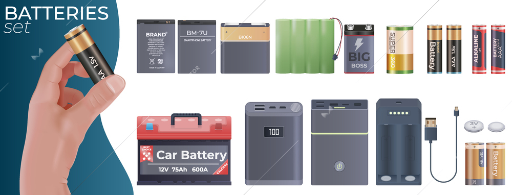 Batteries accumulator set of isolated compositions with realistic front view images of cellphone and car batteries vector illustration