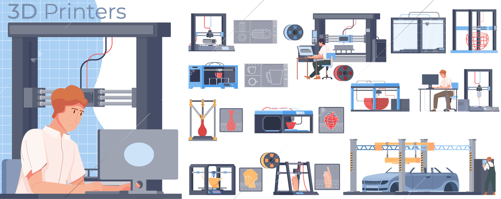 3d printing flat set of isolated compositions with icons of printer appliances modeling software and operators vector illustration