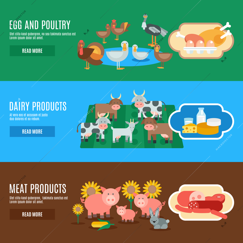 Domestic animals horizontal banner set with egg meat dairy products elements isolated vector illustration