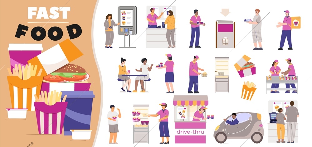 Fast food restaurant set of flat isolated icons of meals drive thru and people at counter vector illustration