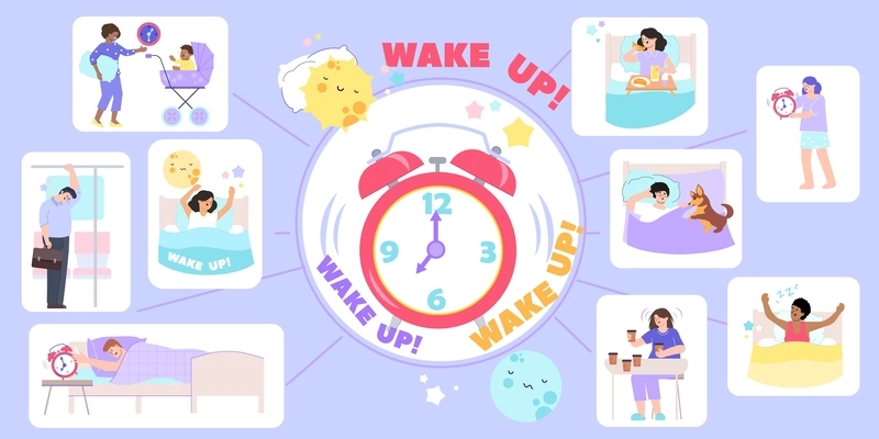 Wake up alarm flat infographics with alarm clock icons smileys and compositions with waking human characters vector illustration