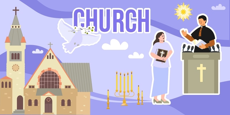 Church interior composition with collage of flat icons temple building flying dove candles and human characters vector illustration