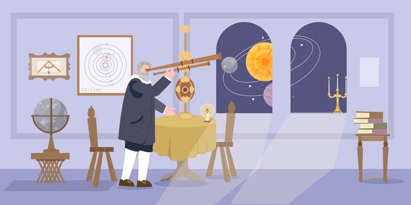 Inventor scientist composition with flat vintage interior and character of astronomer looking through window in telescope vector illustration