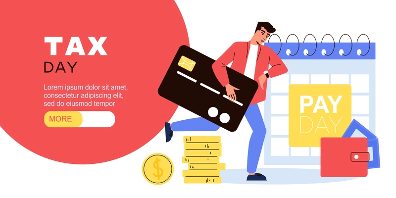 Tax day form horizontal banner with running man holding credit card coin stacks wallet and text vector illustration