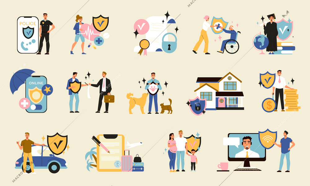 Insurance color set with compositions of shield icons agreements property locks medical care and human characters vector illustration