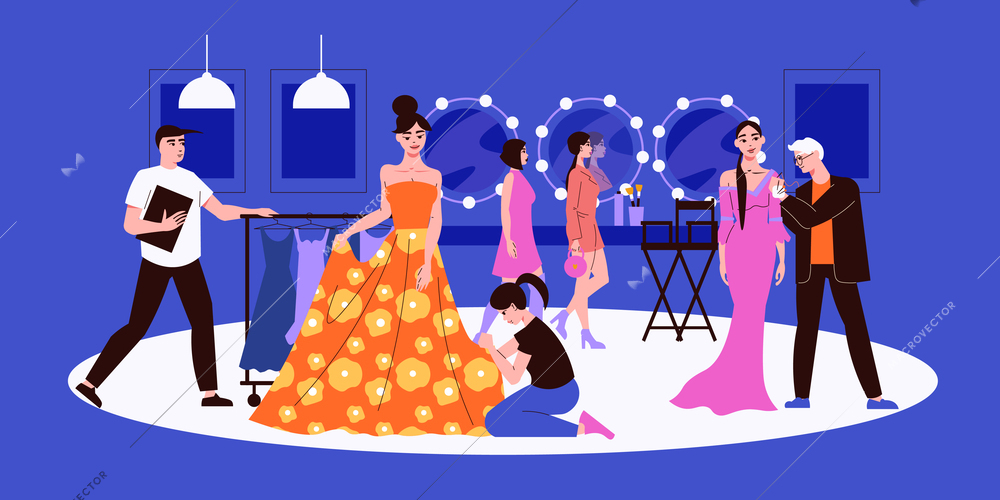 Fashion show composition of flat backstage scenery with producers models and tailoring artists with celebrities characters vector illustration