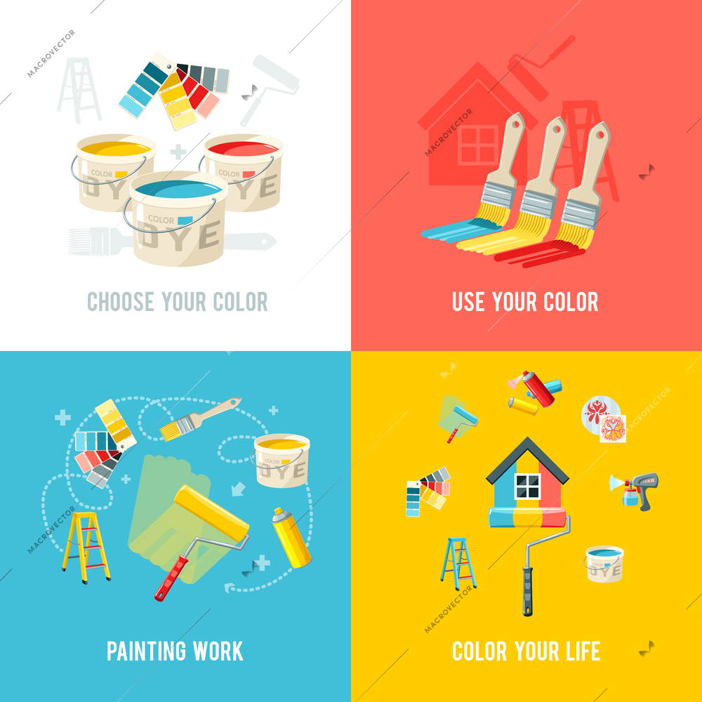 Painting work design concept set with color supplies and equipment flat icons isolated vector illustration