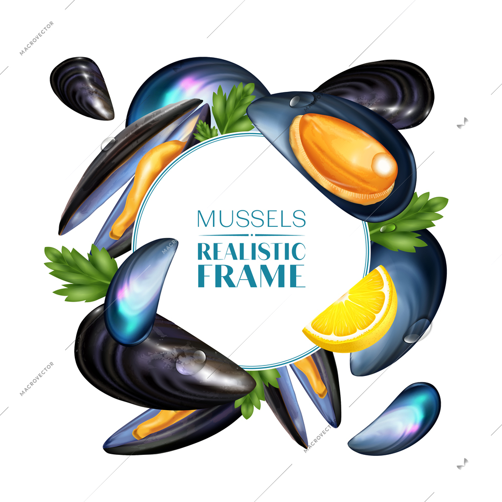 Realistic mussels frame composition with circle surrounded by shells lemons and greens images with ornate text vector illustration