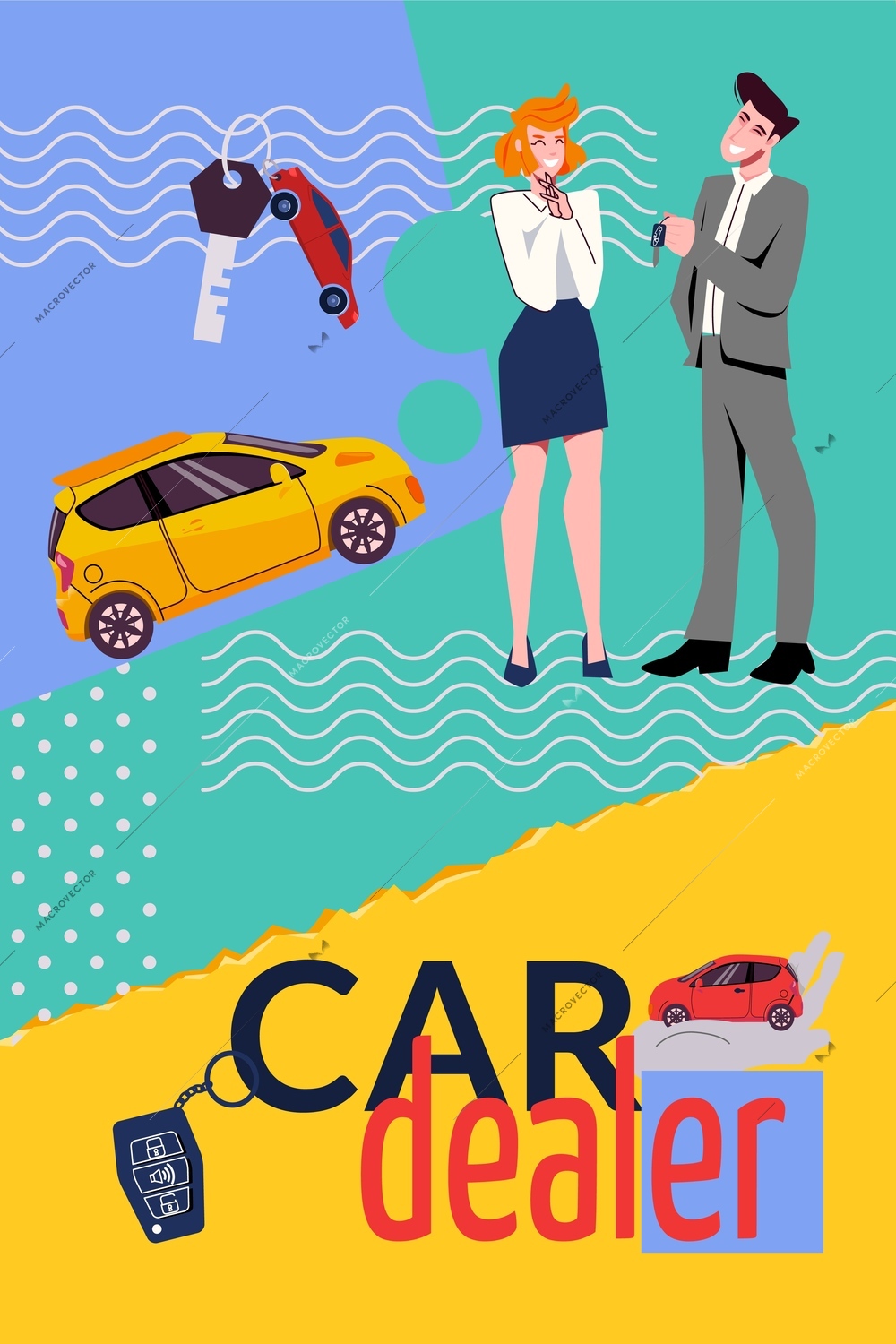 Car dealer vertical collage in flat style with new car key and happy characters of seller and customer on colorful background vector illustration
