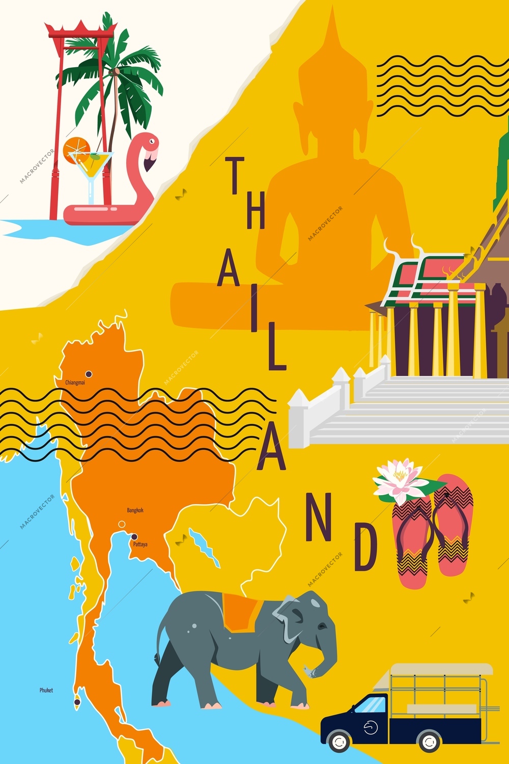 Thailand tourism collage with its symbols on map in flat style vector illustration