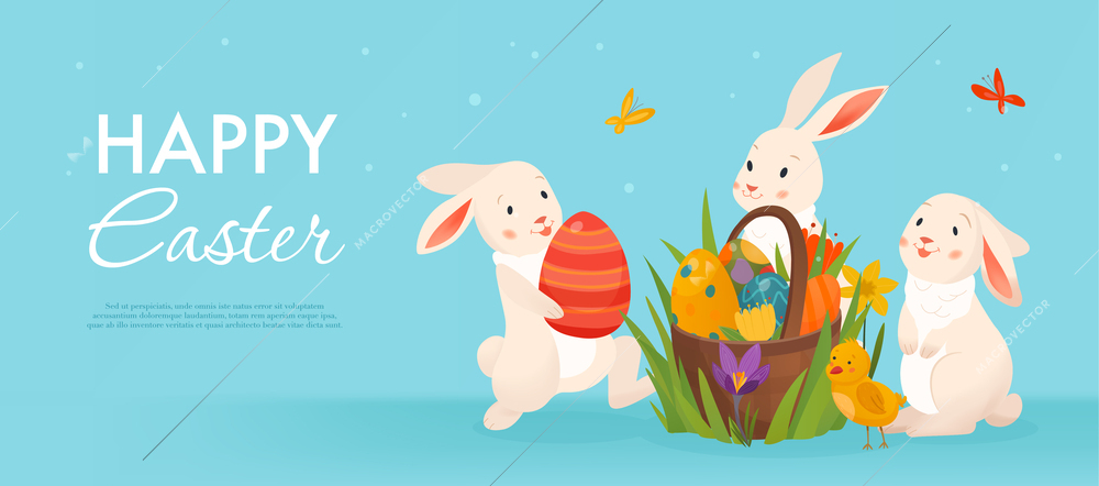 Rabbit easter horizontal background with composition of cartoon bunnies butterflies eggs in basket and editable text vector illustration