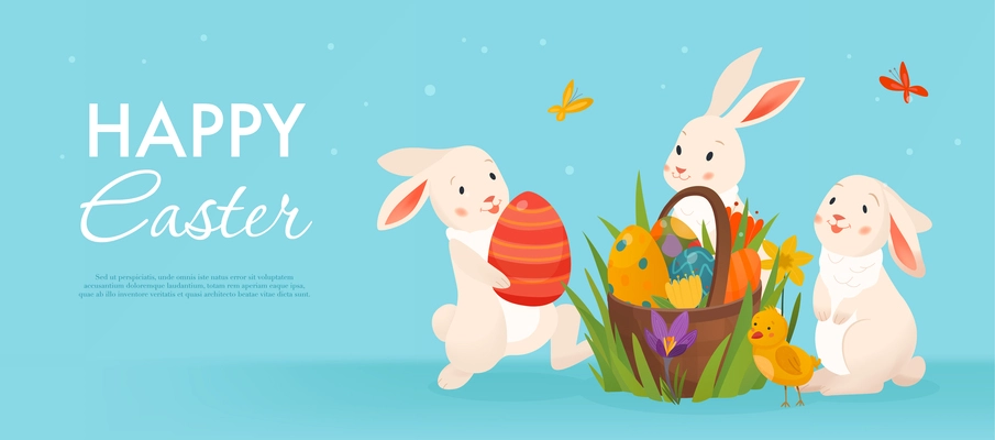 Rabbit easter horizontal background with composition of cartoon bunnies butterflies eggs in basket and editable text vector illustration