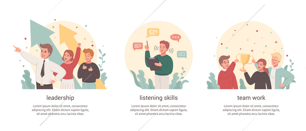 Communication flat cartoon compositions illustrating team work leadership listening skills isolated vector illustration