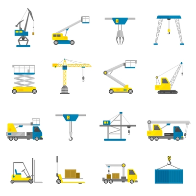 Lifting equipment cargo transportation and construction machinery flat icon set isolated vector illustration