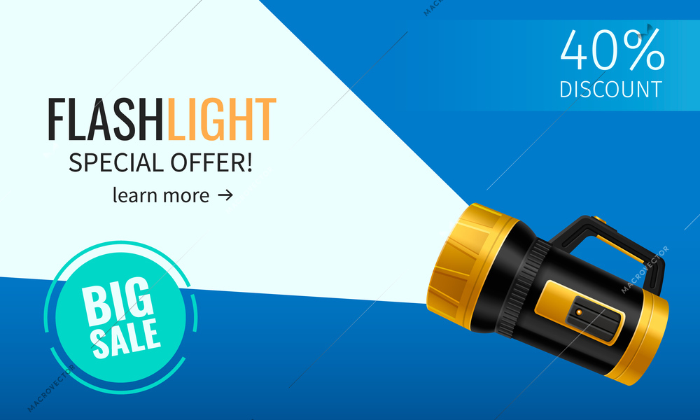 Big sale of handheld flashlights with 40 percents discount advertising web banner realistic vector illustration