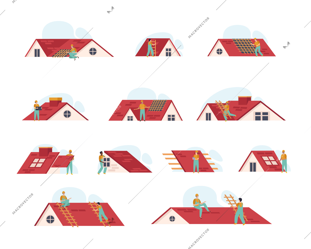 Roof set with blank background and isolated icons of house tops with characters of working people vector illustration