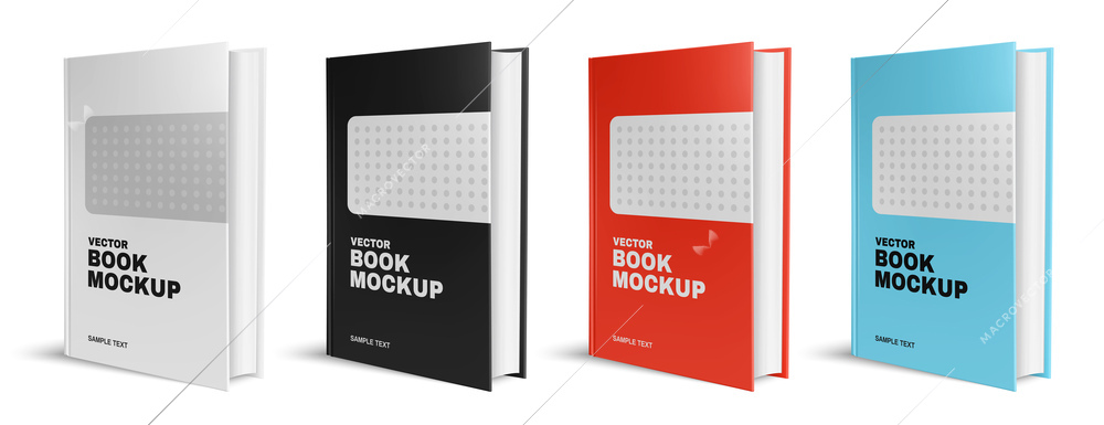 Realistic book mockup design template set with four isolated images of colored books with modern cover vector illustration