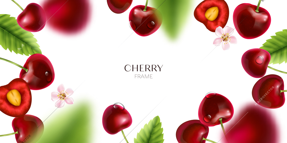 Realistic cherry frame composition with editable text surrounded by images of green leaves and flying berries vector illustration