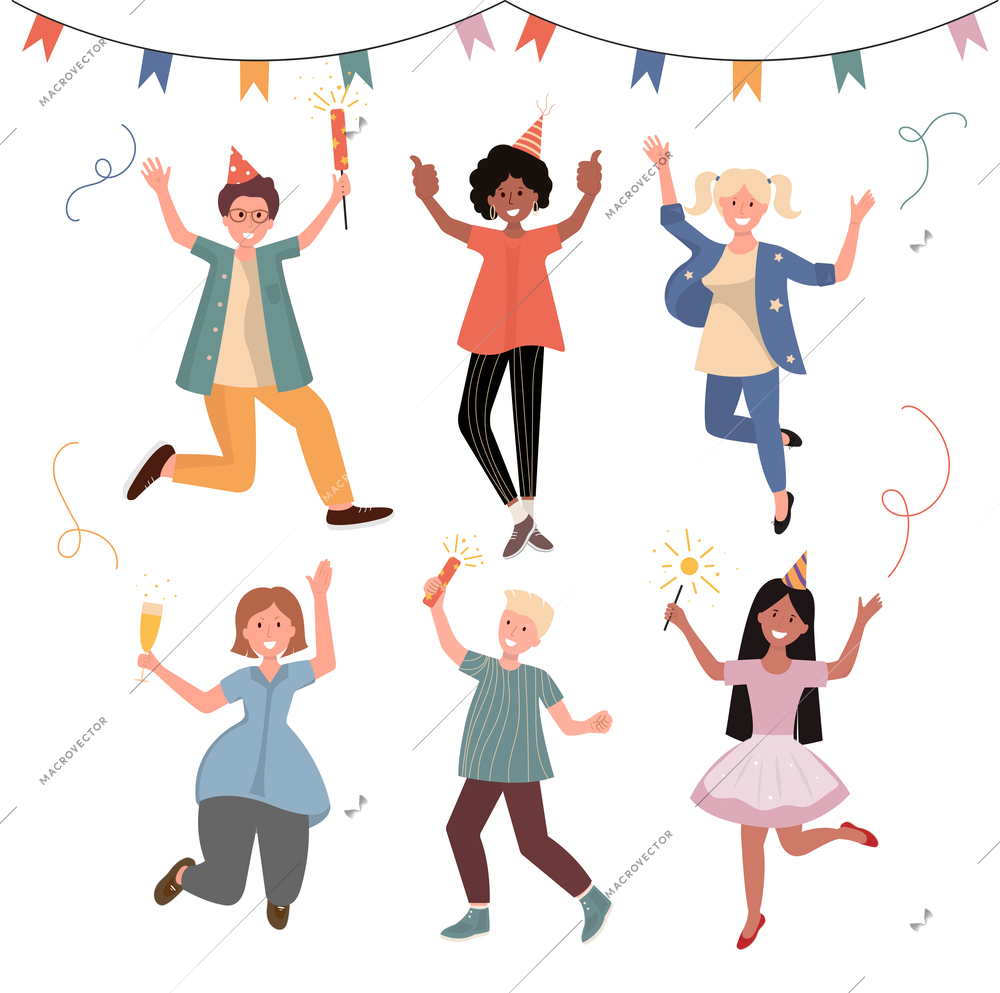 Happy young people cartoon characters in carnival costumes dancing on party flat vector illustration