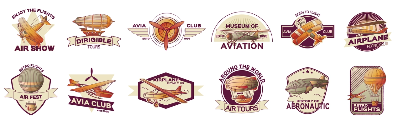 Aeronautics retro vintage aircraft transport emblems set of isolated compositions with text airplane images and ribbons vector illustration