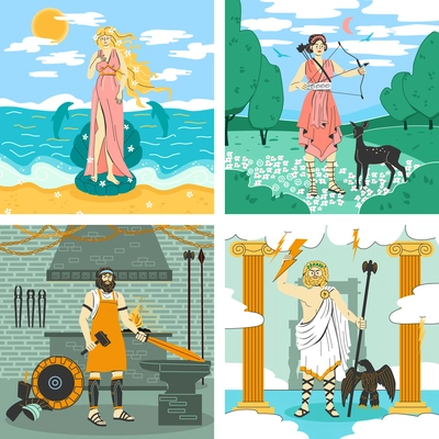 Olympus gods 2x2 design concept set of four square icons with greece mythology characters vector illustration