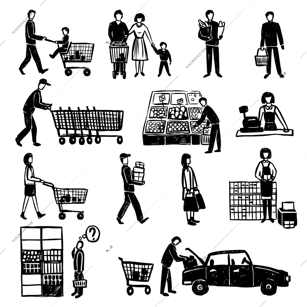 Hand drawn people doing shopping in supermarket black decorative icons set isolated vector illustration