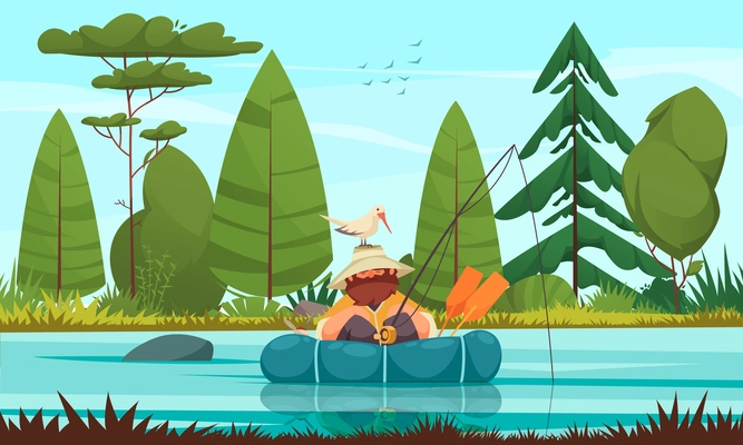 Ecosystem cartoon poster with fisherman fishing in lake vector illustration