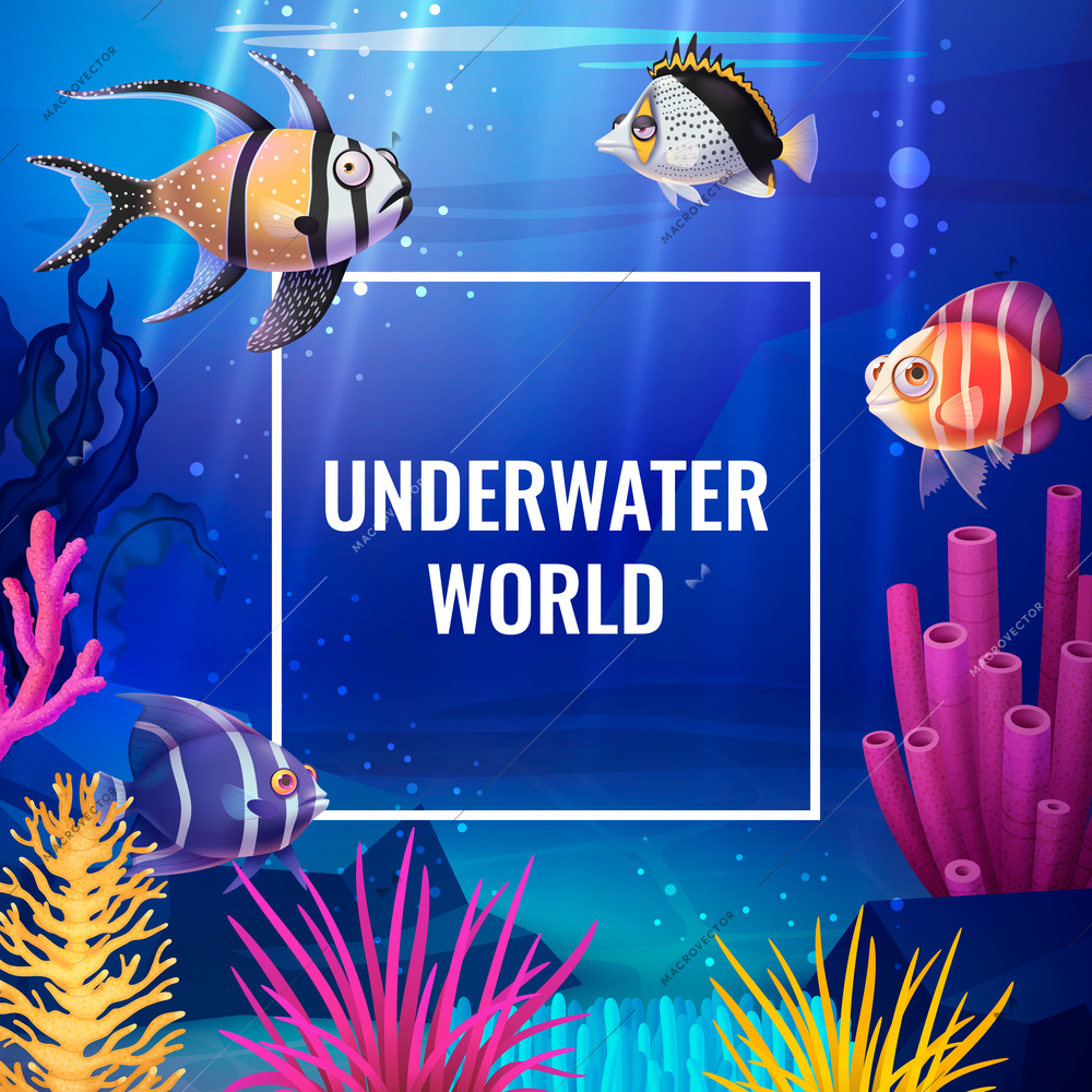 Underwater world poster with cute cartoon fishes and coral reefs vector illustration