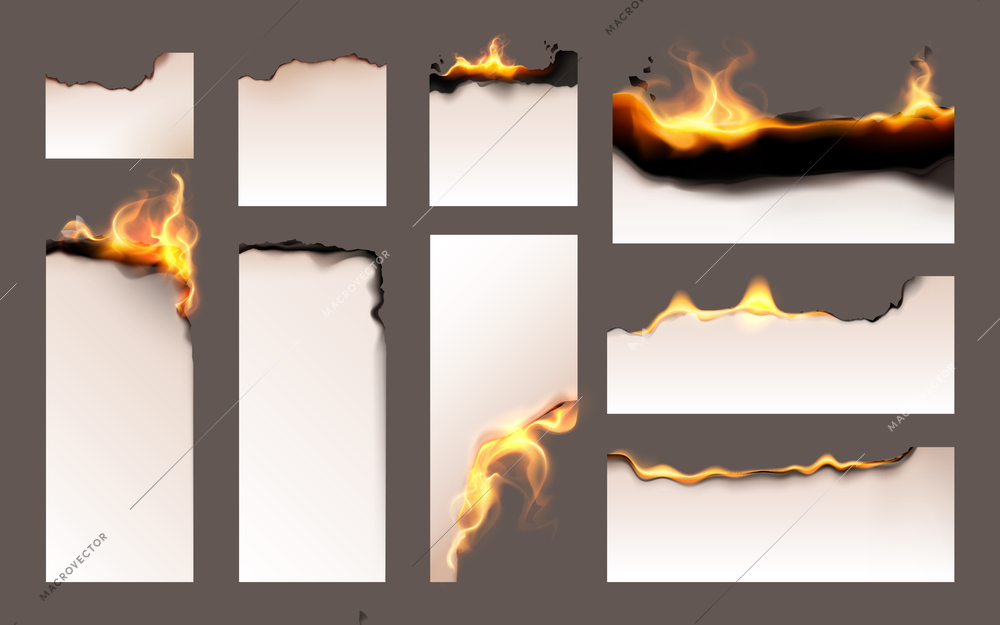 Burned old paper realistic and colored sheets of different sizes smoldering and burning vector illustration