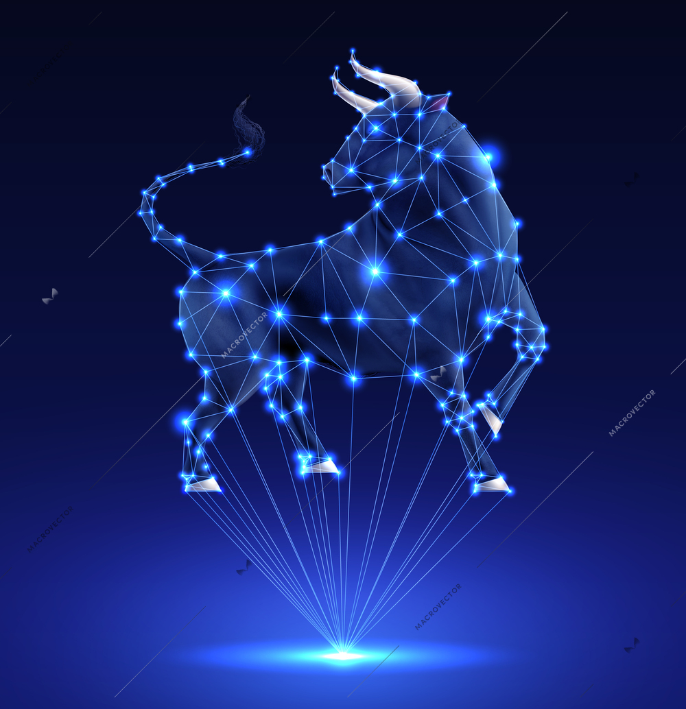 Color bull realistic composition three dimensional projection of blue rays joining in the shape of bull vector illustration