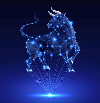 Color bull realistic composition three dimensional projection of blue rays joining in the shape of bull vector illustration