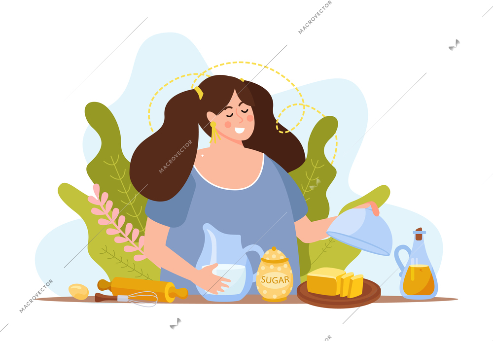 Home baking flat background with pretty woman preparing dough for baking pastry or dessert vector illustration