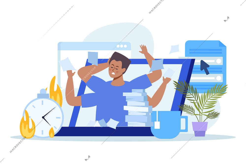Multitasking flat background with male character with four hands tired from overtime work vector illustration