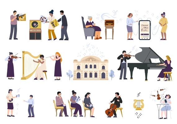 Classical music flat set with isolated icons of theater building practicing and performing musicians with listeners vector illustration