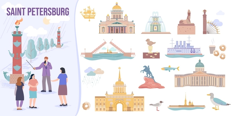 Saint petersburg set with flat isolated compositions of famous sights with group of tourists discovering russia vector illustration