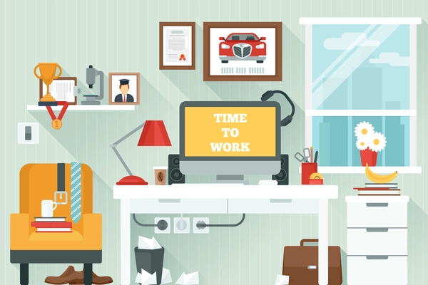 Workspace in room with flat work study and interior icons vector illustration