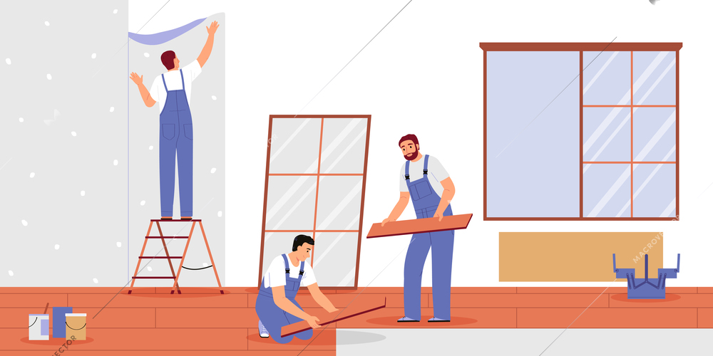 Home renovation flat concept with handymen repairing floors and wallpapers vector illustration