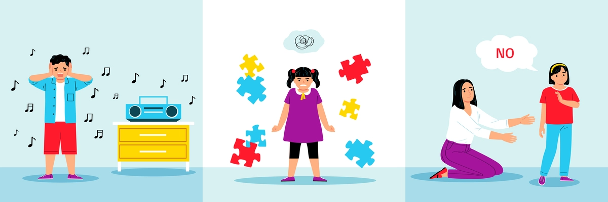 Autism set of three square compositions with characters of kids loud music puzzle pieces thought bubbles vector illustration
