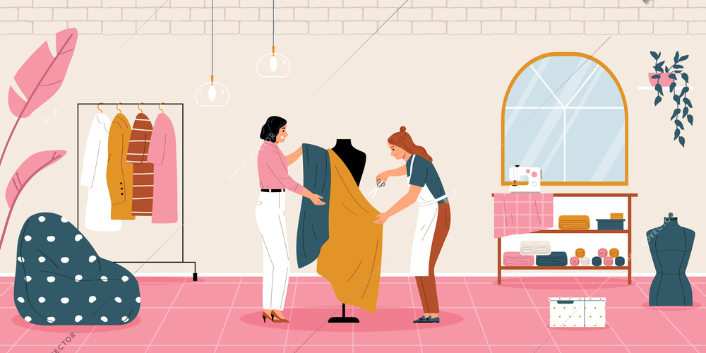 Sewing composition with loft style indoor workshop scenery and female tailors fitting clothe to body mannequin vector illustration