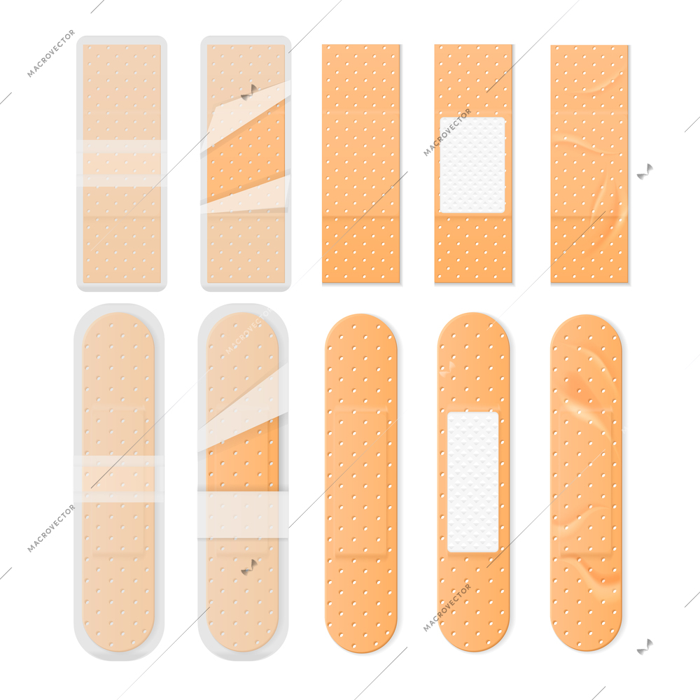 Realistic medical bandages set with isolated views of sealed unpacked band aid plasters on blank background vector illustration