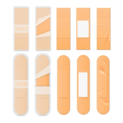 Realistic medical bandages set with isolated views of sealed unpacked band aid plasters on blank background vector illustration