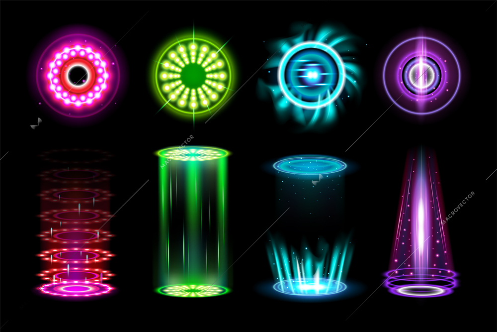 Realistic teleportation hologram portals set with isolated circle icons particles in motion and glowing neon lines vector illustration