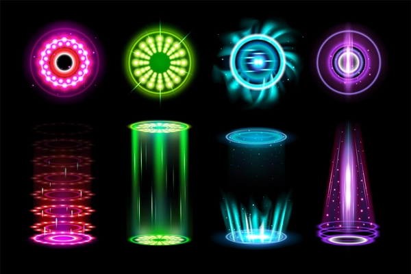 Realistic teleportation hologram portals set with isolated circle icons particles in motion and glowing neon lines vector illustration