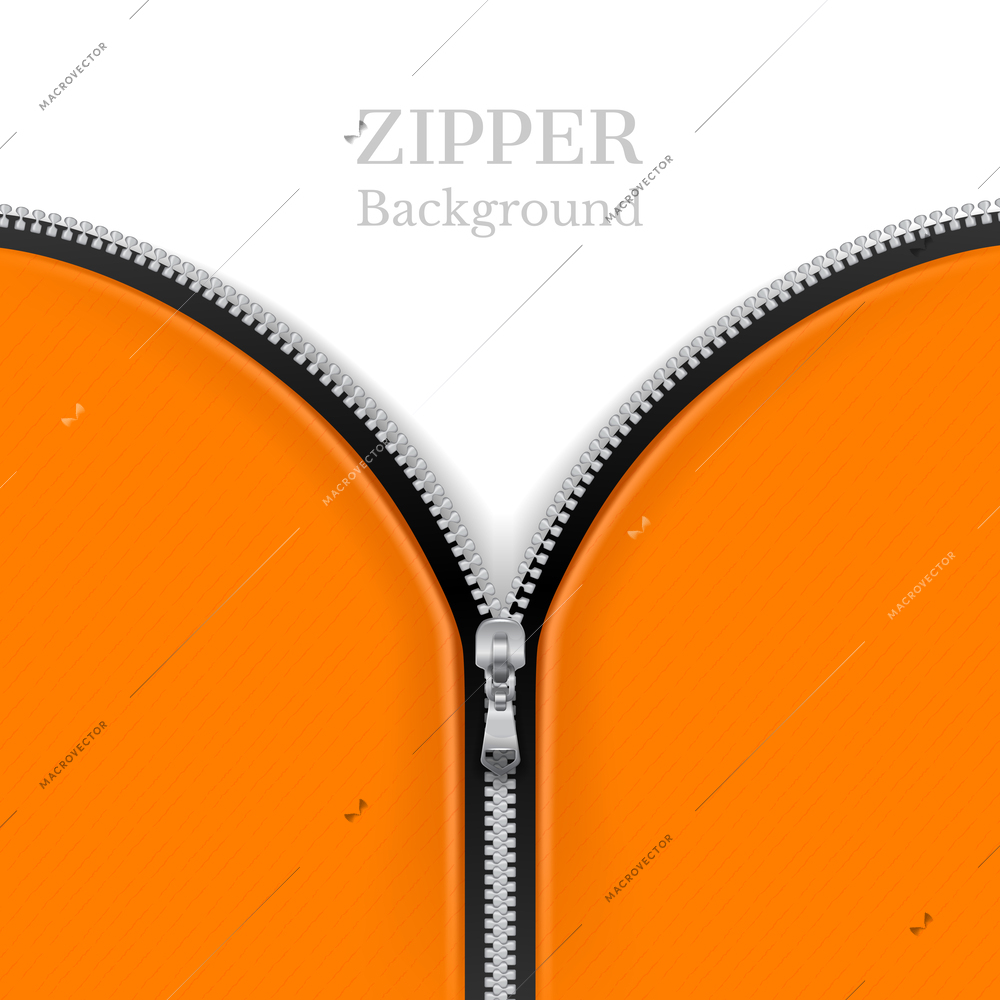 Realistic zipper fasteners clasp background with front view of orange leather fabric fastened with zip clasper vector illustration