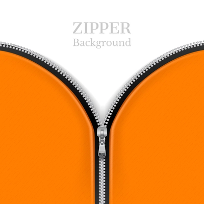 Realistic zipper fasteners clasp background with front view of orange leather fabric fastened with zip clasper vector illustration