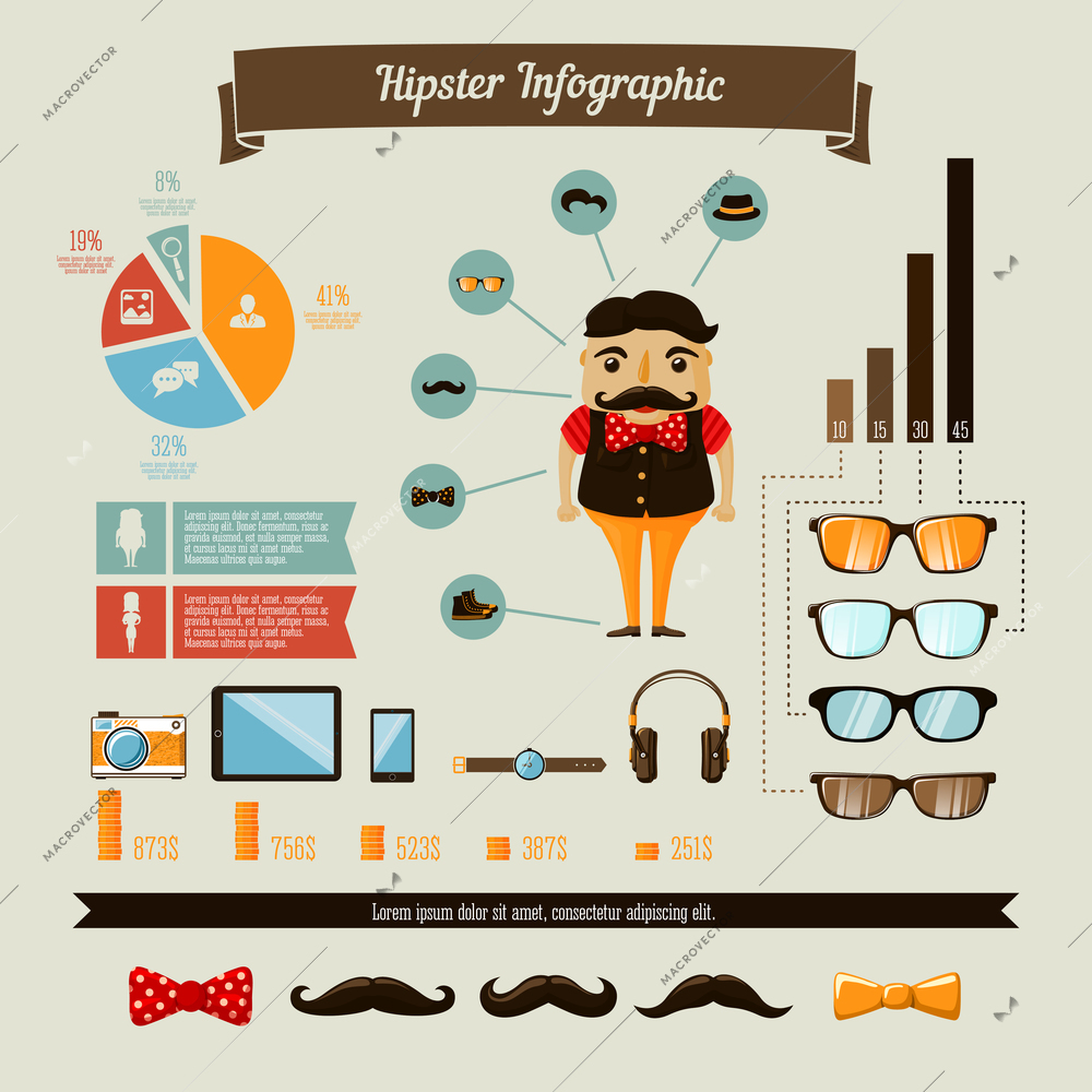 Hipster infographics elements set with geek boy charts and graphs vector illustration