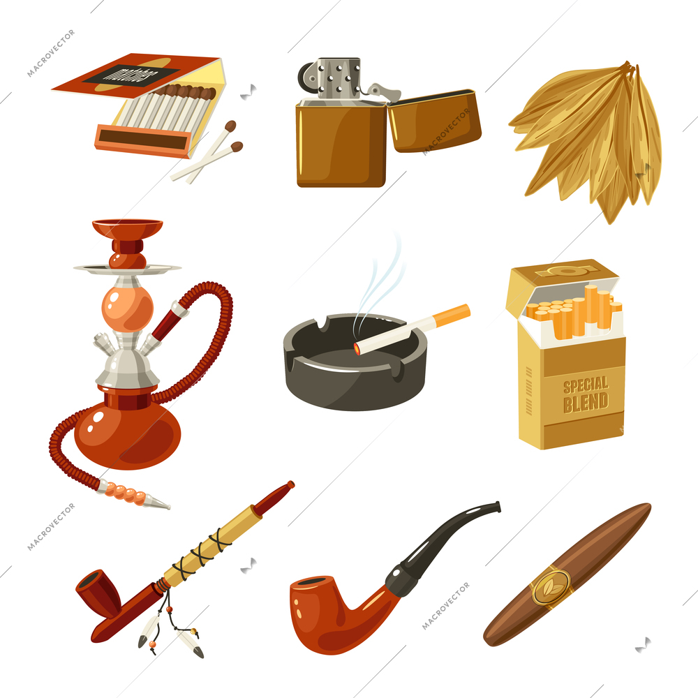 Tobacco and smoking decorative icons set with matches lighter cigarette pack isolated vector illustration