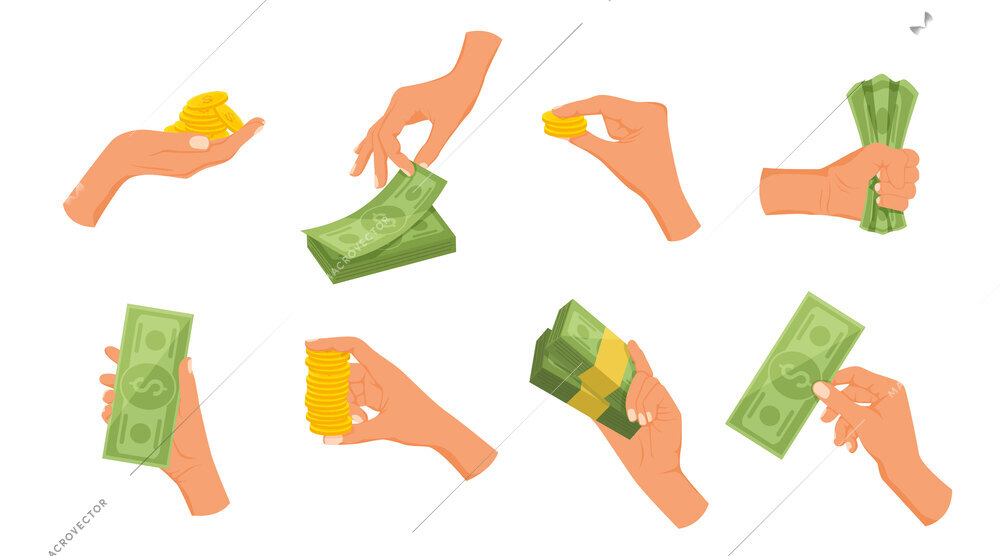 Human hands with money set with salary symbols flat isolated vector illustration