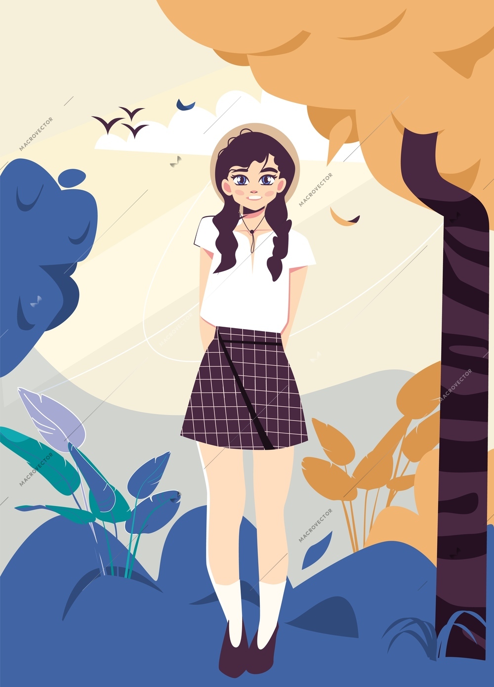 Anime girl japanese school girl wearing short checkered skirt and hat in color background flat vector illustration