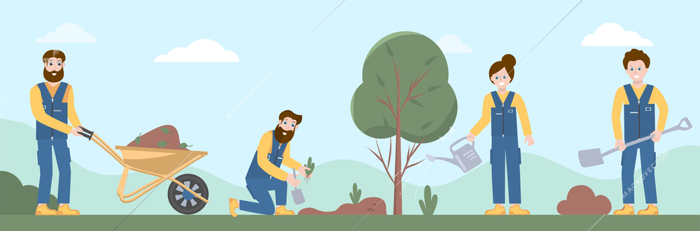 Professional gardeners flat background with people in uniform digging beds planting seedlings watering trees vector illustration